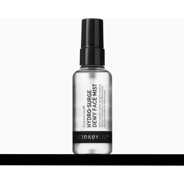 The INKEY List Hydro-Surge Dewy Face Mist 75 ml återfuktande ansiktsspray i frostad flaska med svart spraypump.