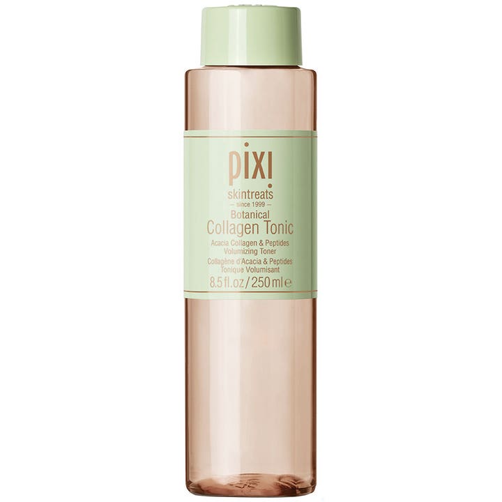 Pixi Botanical Collagen Tonic 250 ml collagen toner för anti age hudvård för volym i en persikofärgad flaska med grönt lock.