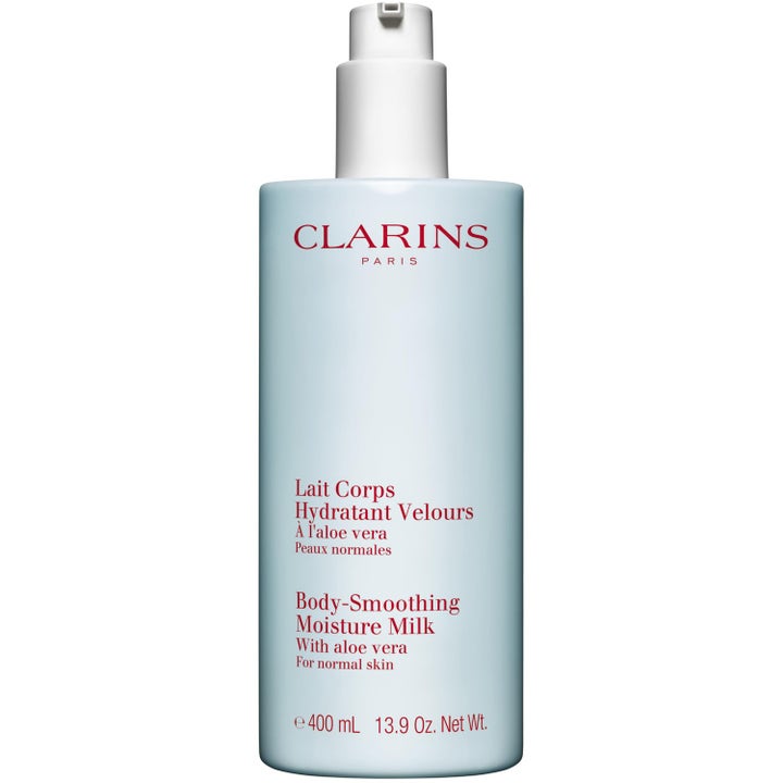 Clarins Body-Smoothing Moisture Milk 400 ml återfuktande body milk med aloe vera i ljusblå flaska med vit pump