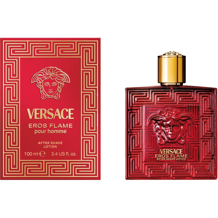 Versace Eros Flame 100 ml lyxig raklotion efter rakning i röd glasflaska med guldlock och matchande ytterförpackning
