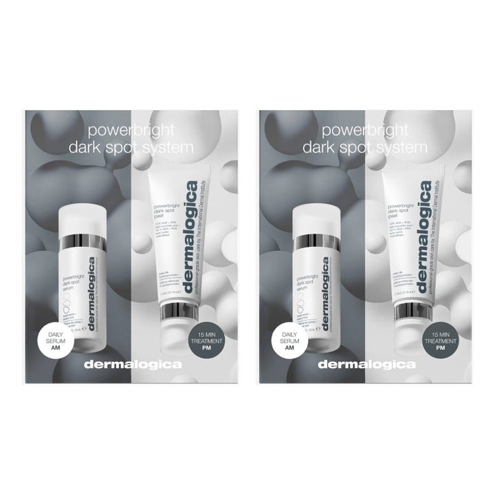 Dermalogica Powerbright Dark Spot System kit mot pigmentering med vit pumpflaska och tub i silver.
