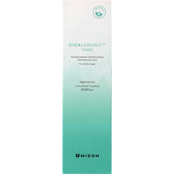 Mizon Cicaluronic Toner 150 ml återfuktande ansiktsvatten i grönvit box med texten Vegan Formula och Cicaluronic Complex.