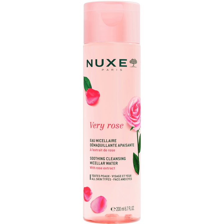 Nuxe Very Rose 200 ml micellärvatten alla hudtyper i en rosa flaska med rosenextrakt och matchande lock