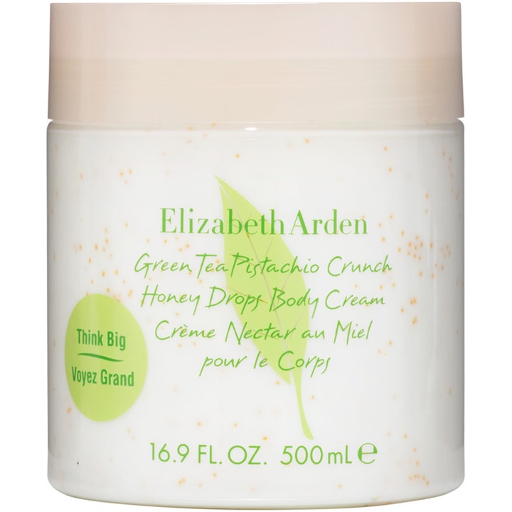 Elizabeth Arden Green Tea Pistachio 500 ml återfuktande pistagekräm i vit burk med beige lock och orange honungspärlor
