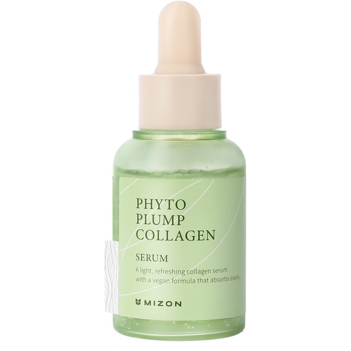 Mizon Phyto Plump Collagen Serum 30ml fuktgivande collagen serum med plantkollagen i grön glasflaska med beige pipett