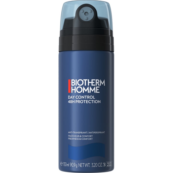 Biotherm Homme Day Control 150 ml antiperspirant deospray herr i mörkblå flaska med ljusblått lock.