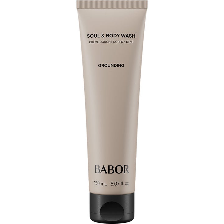 Babor Soul & Body Wash Grounding 150 ml lugnande duschkräm i en minimalistisk beige tub med svart lock.
