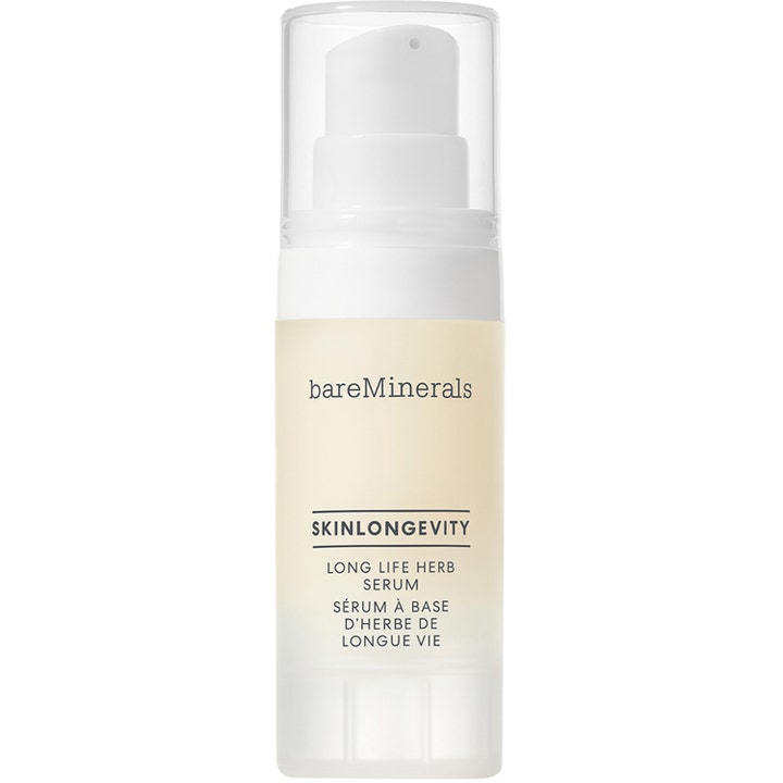 bareMinerals Skinlongevity Serum anti rynkor ansiktsserum i vit pumpflaska med frostat hölje och genomskinligt lock.