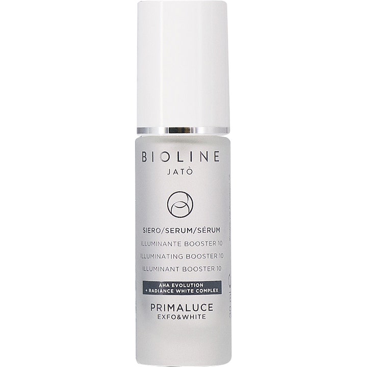 Bioline Jatò Primaluce Illuminating Booster 10 30 ml AHA glow serum ger lyster i frostad flaska med vitt lock