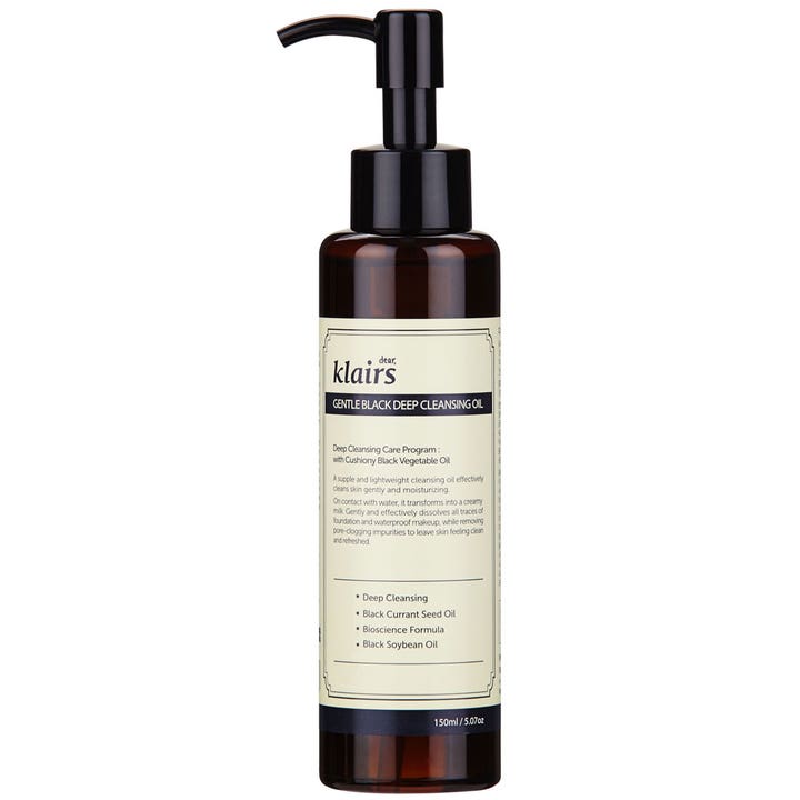 Klairs Gentle Black Deep Cleansing Oil 150 ml djuprengörande olja ansikte i en mörkbrun plastflaska med svart pump.