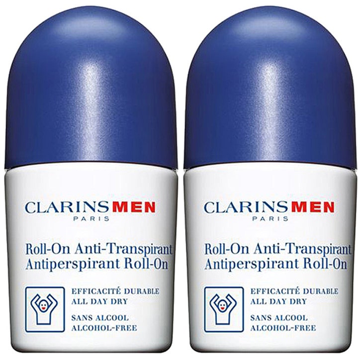 Clarins Men Roll-On Anti-Transpirant 2x50 ml som motverkar svett i vita flaskor med blått lock