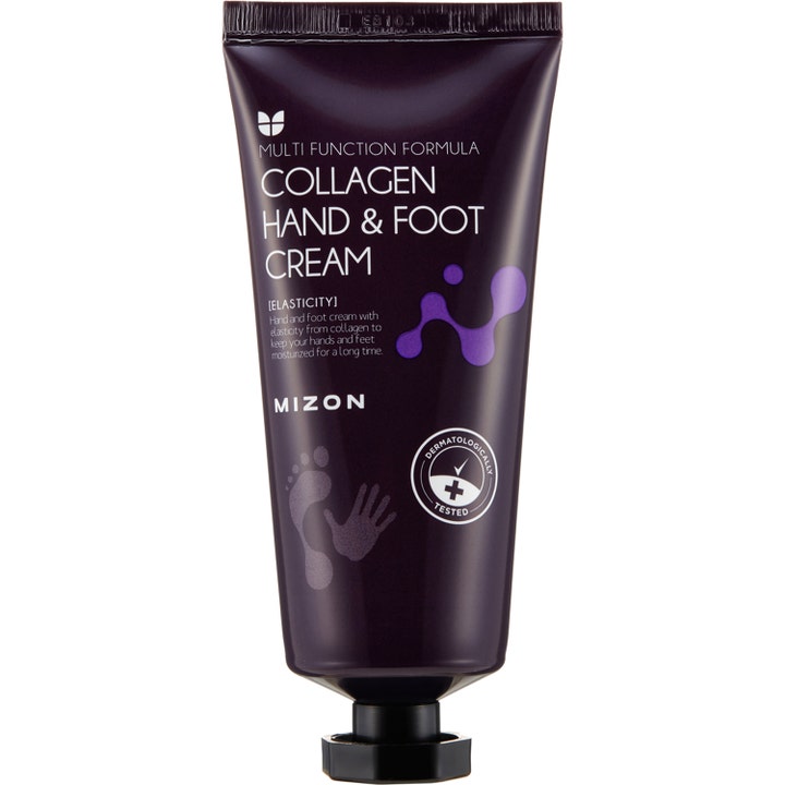 Mizon Collagen Hand & Foot Cream återfuktande kollagenkräm i mörklila tub som ger händer och fötter ökad elasticitet