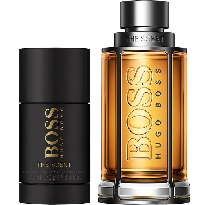 Hugo Boss Boss The Scent gift set 175 ml parfymset med bärnstensfärgad glasflaska och matchande svart deostick