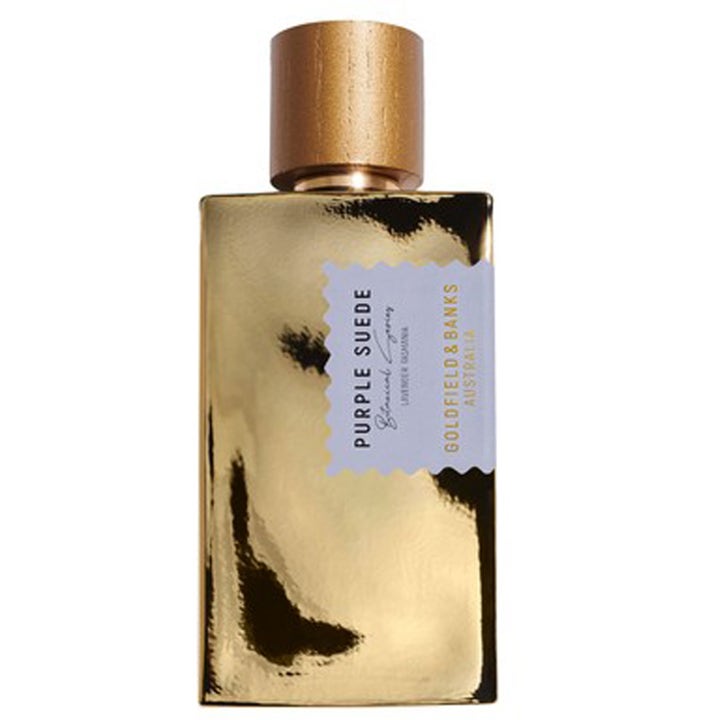 Goldfield & Banks Purple Suede 100 ml nischparfym i guldglänsande flaska med ljuslila etikett och lock av trä