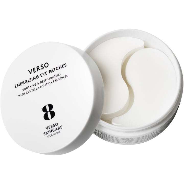 Verso Energizing Eye Patches 60 st lugnande ögonmasker i vit burk med vita gelpatches som ger djup återfuktning.