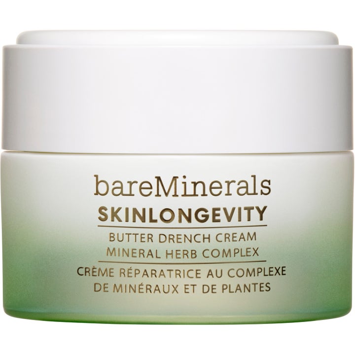 bareMinerals Skinlongevity Butter Drench Cream 50 ml återfuktande ansiktskräm i en grönvit tonad burk med vitt lock