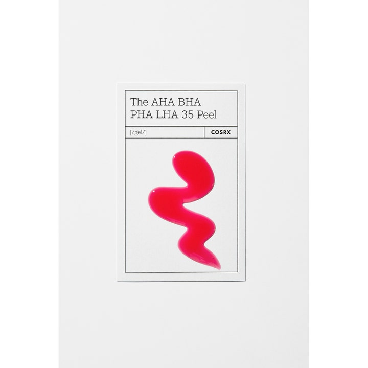 COSRX The AHA BHA PHA LHA 35 Peel 30 ml kemisk peeling för hemmabruk med en rosa gel på ett vitt kort.