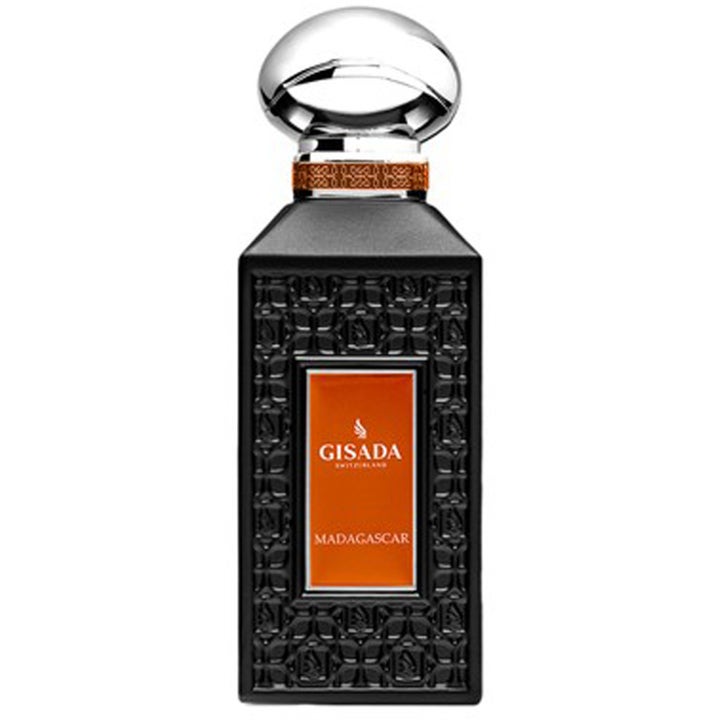 Gisada Madagascar Eau de Parfum 100 ml lyxig parfym i svart mönstrad flaska med orange etikett och silverfärgad kork