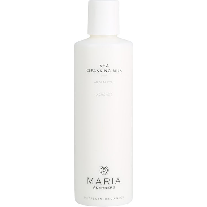 Maria Åkerberg AHA Cleansing Milk 250 ml AHA mjölksyra rengöring i vit stilren plastflaska med vitt lock.