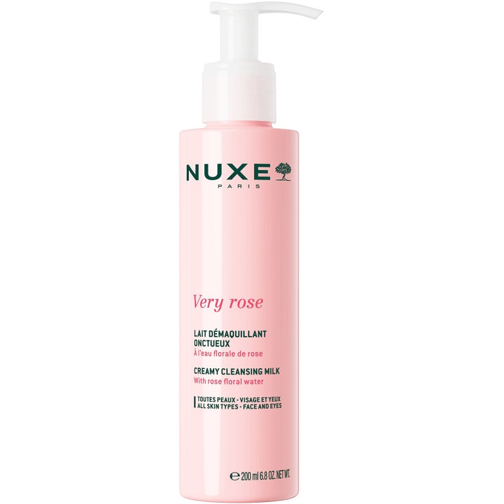 Nuxe Very Rose Creamy Cleansing Milk 200 ml återfuktande cleansing milk med rosenvatten i en ljusrosa pumpflaska