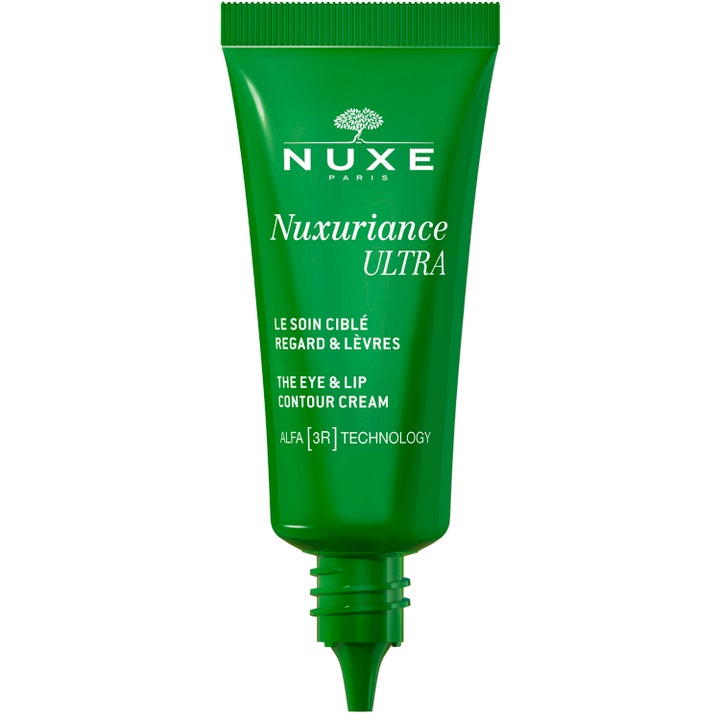 Nuxe Nuxuriance ULTRA 15 ml anti-age ögonkräm och läppkräm i grön tub med precisionsapplikator.
