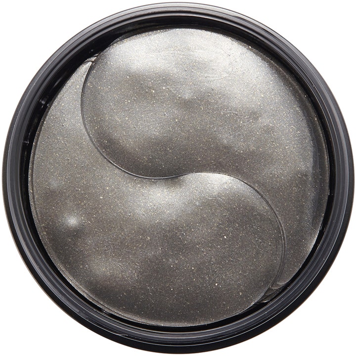 Mizon Black Pearl Eye Gel Patch 84 g pärlbehandling ger lyster med mörkgrå glittrande gelmasker i en svart burk