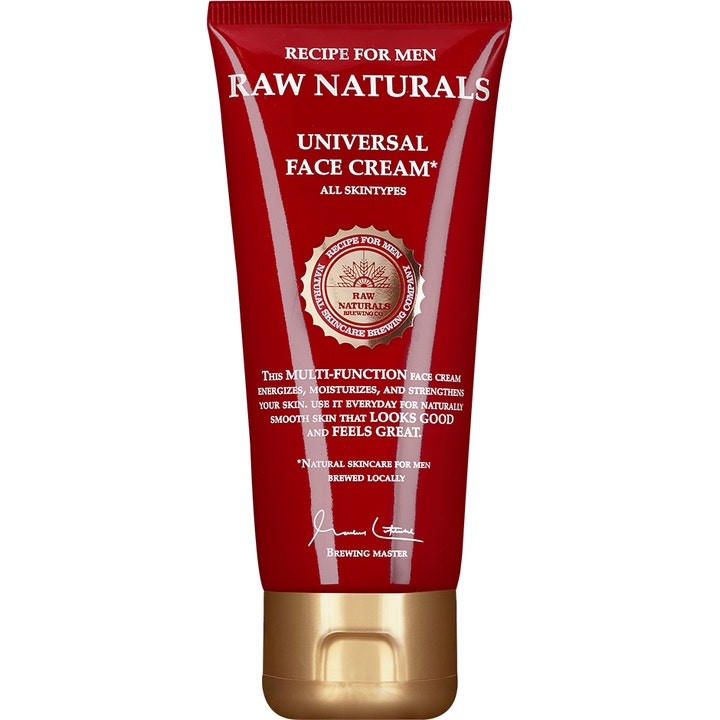 Raw Naturals Universal Face Cream återfuktande ansiktskräm i röd tub med guldlock som stärker huden och ger energi.