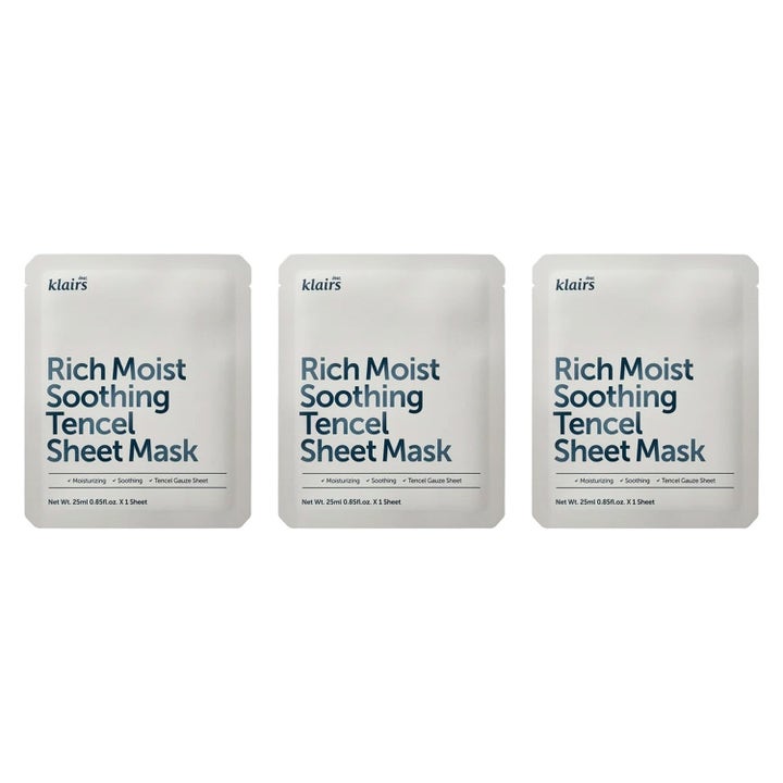 Klairs Rich Moist Soothing Tencel Sheet Mask 3-pack lugnande ansiktsmask i vita arkförpackningar som ger intensiv fukt