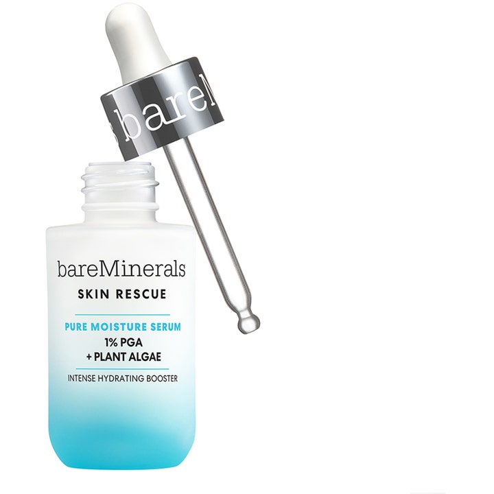 bareMinerals Skin Rescue Pure Moisture Serum återfuktande ansiktsserum i blåtonad glasflaska med silverfärgad pipett.