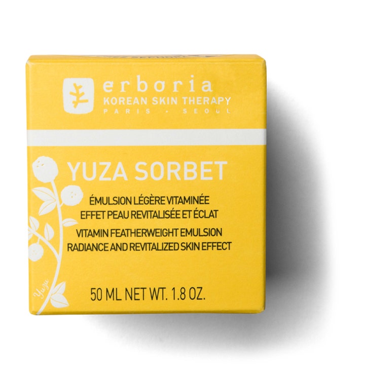 Erborian Yuza Sorbet 50 ml dagkräm för återfuktning och lyster i en gul ytterförpackning med vit text.