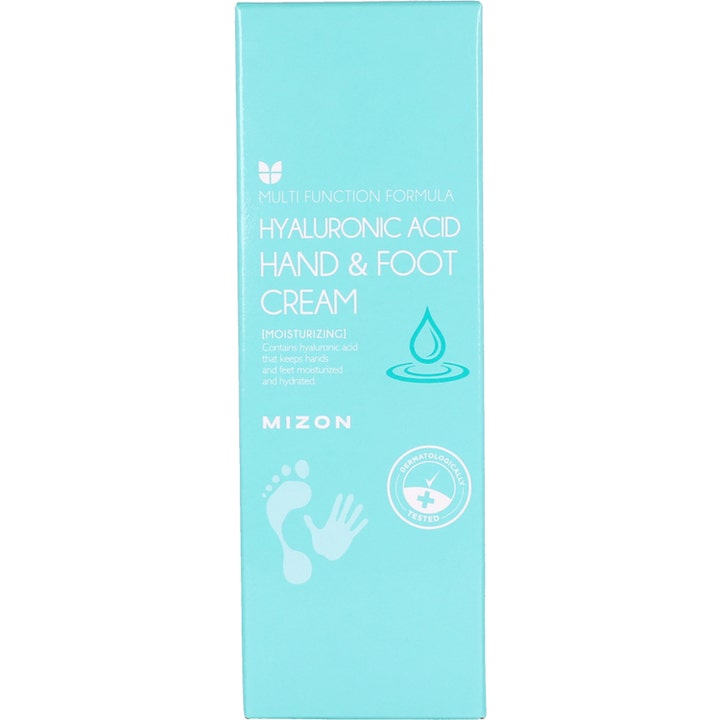 Mizon Hyaluronic Hand and Foot Cream 100 ml är en dermatologiskt testad hyaluronsyra kräm i ljusblå förpackning.