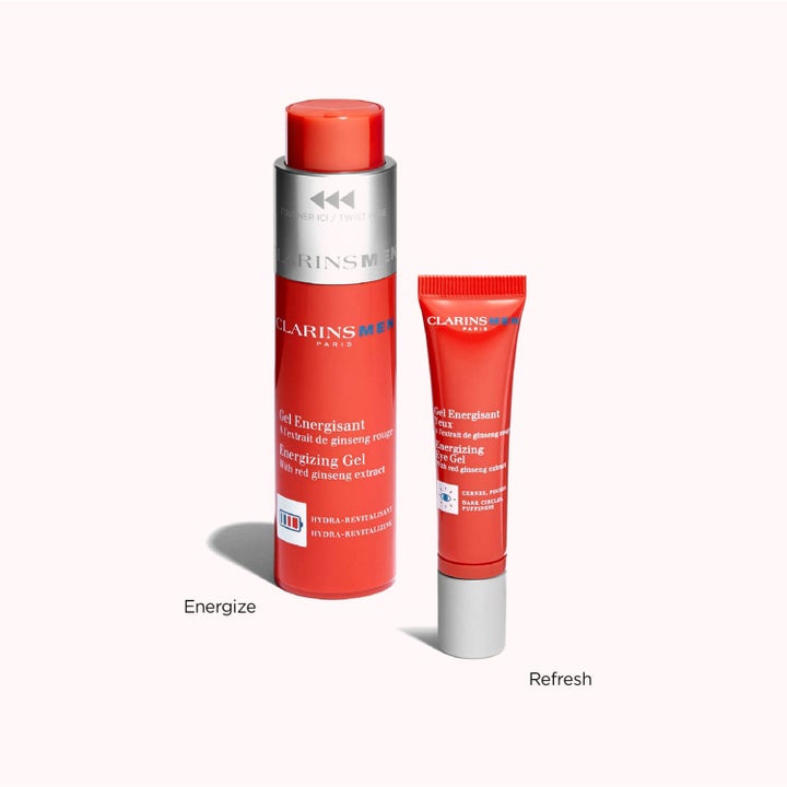 Clarins Men Energizing Gel 50 ml röd ginseng ansiktsgel med matchande ögongel i röda förpackningar.
