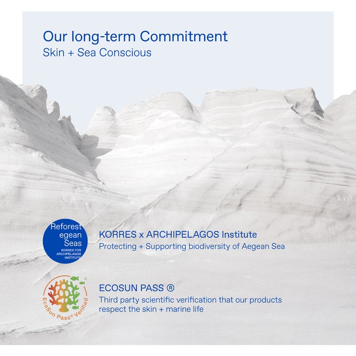KORRES Yoghurt Face Sunscreen 50 ml havsvänlig miljövänlig solkräm som värnar om havets miljö vid vita klippor.