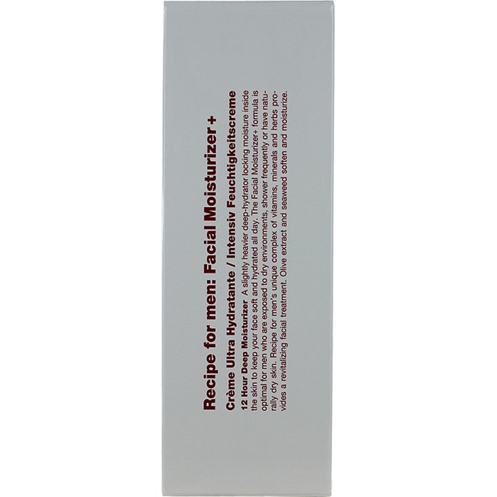 Recipe for men Facial Moisturizer + 75 ml 12 timmars återfuktande ansiktskräm i grå förpackning med vertikal text