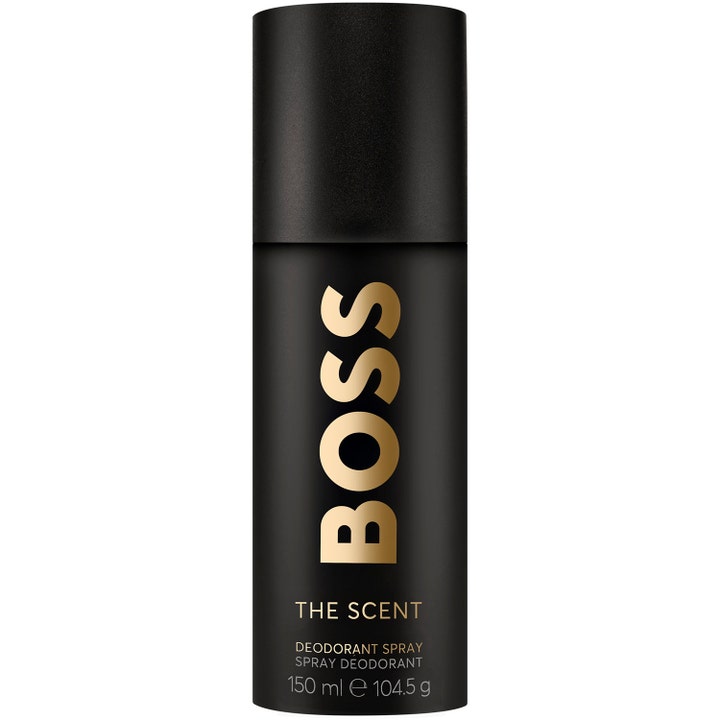 Boss The Scent 150 ml deodorant spray är en manlig parfym i en stilren matt svart flaska med guldlogotyp.