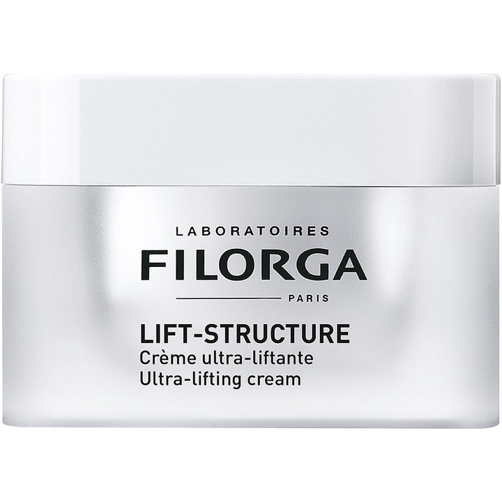 Filorga Lift-Structure 50ml föryngrande kräm för ansiktslyft hemma utan kirurgi i frostad silverburk med vitt lock.