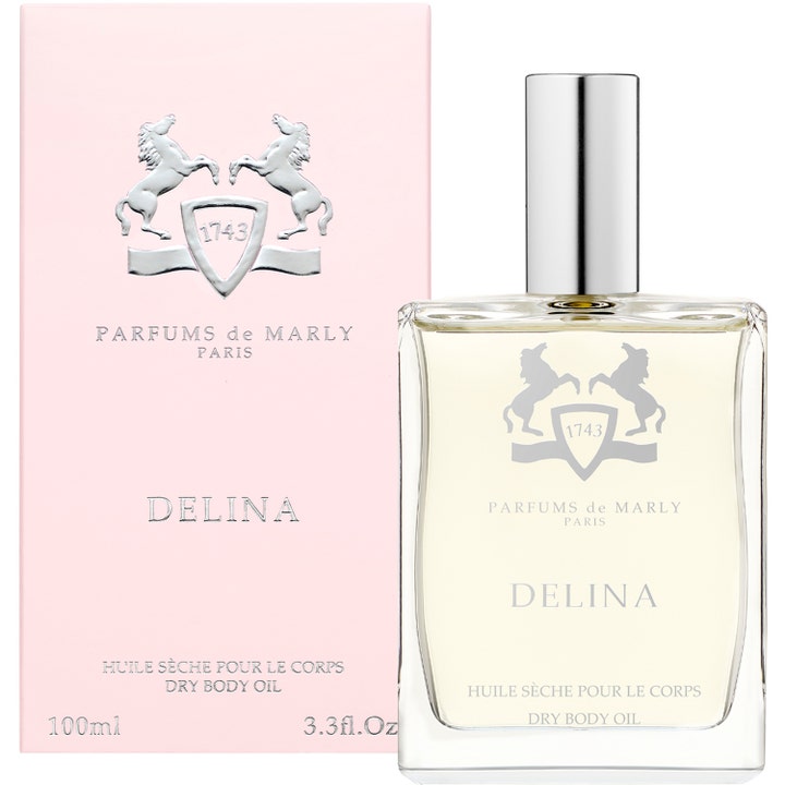 Parfums de Marly Delina Body Oil 100 ml absorberande kroppsolja för torr hud i glasflaska med rosa ytterbox.