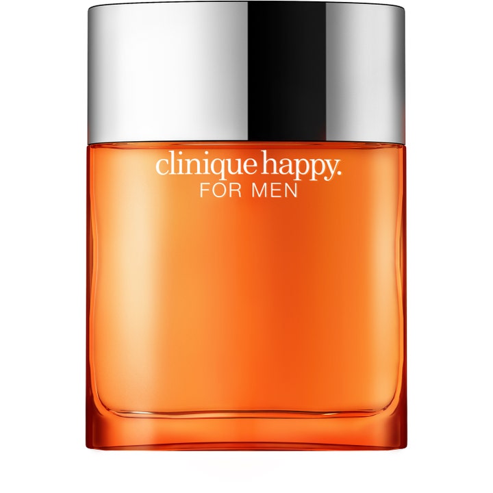 Clinique Happy for Men 100 ml fräsch herrparfym för sommar i en orange glasflaska med stilrent silverlock