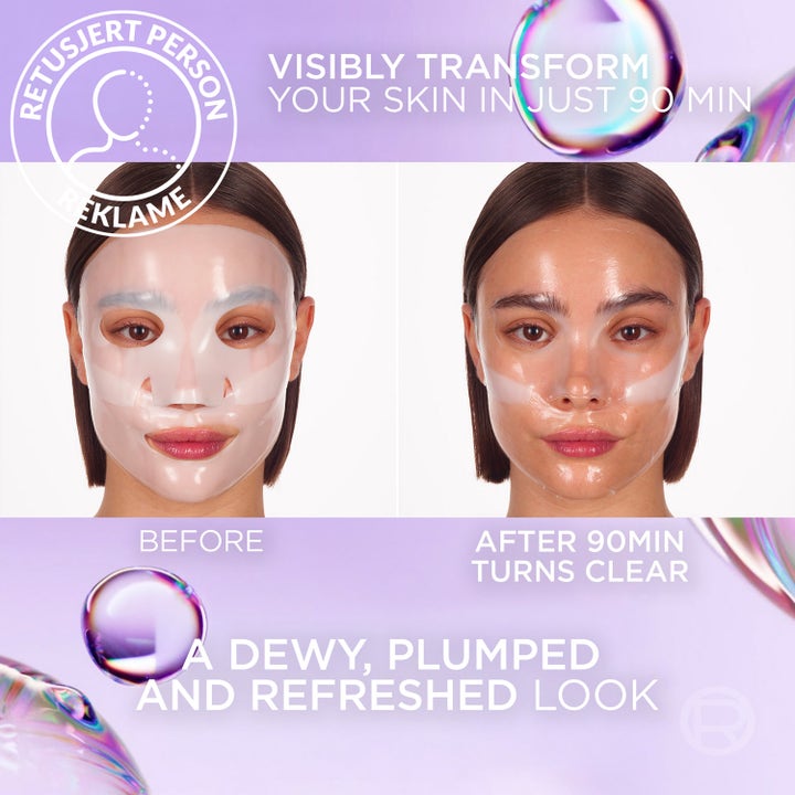 L'Oréal Paris Revitalift Filler Glass Skin Mask 1 st ansiktsmask visar före och efter när masken blir genomskinlig.