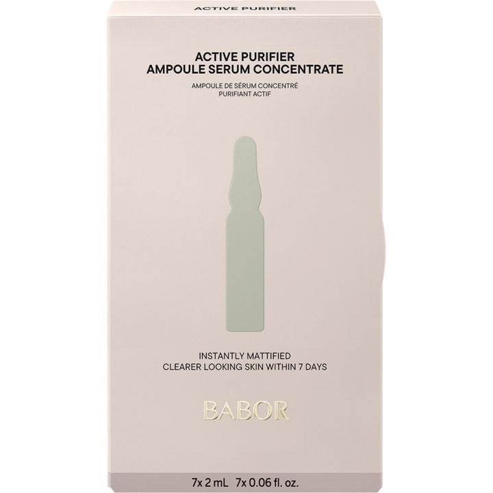 Babor Ampoule Active Purifier 14 ml mot finnar och vuxen acne i en ljusbeige ask med grön ampullsymbol.