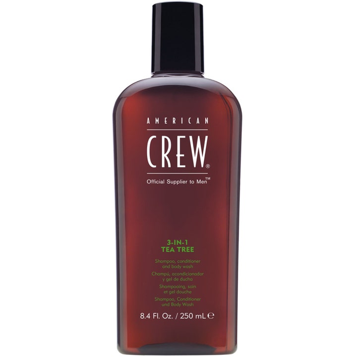 American Crew 3-IN-1 Tea Tree 250 ml ger uppfriskande rengöring för hår och kropp i brun transparent flaska med svart lock