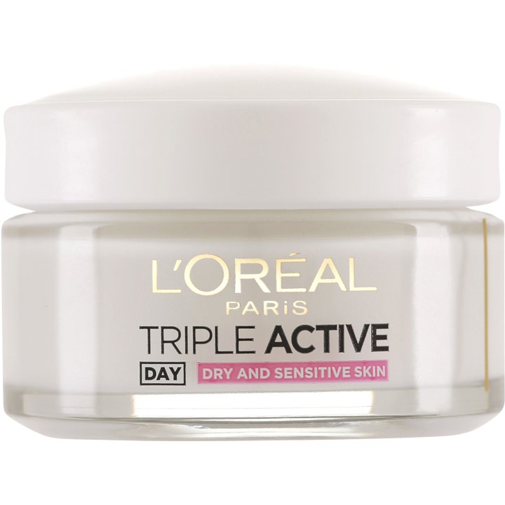 L'Oréal Paris Triple Active 50 ml 24h återfuktande dagkräm för torr och känslig hud i glasburk med vitt lock