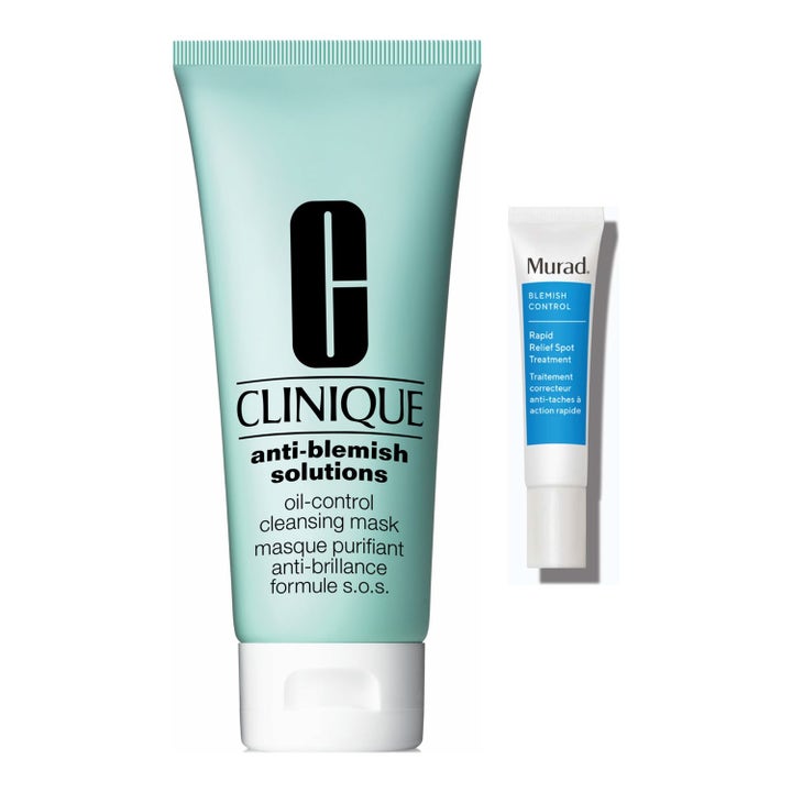 Clinique Anti-Blemish Solutions Cleansing Mask och Murad Spot Treatment motverkar orenheter i mintgrön och vit tub