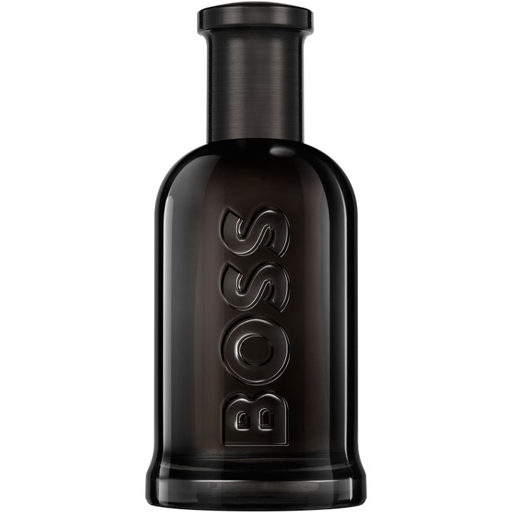 Hugo Boss Bottled Parfum 200 ml maskulin träig parfym i en rökig svart glasflaska med präglad logotyp och mörkt metallock