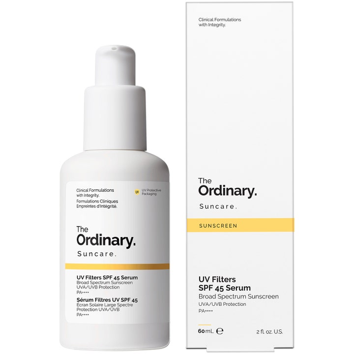 The Ordinary UV Filters SPF45 Serum 60 ml högskyddande solskydd ansikte i vit pumpflaska och kartong