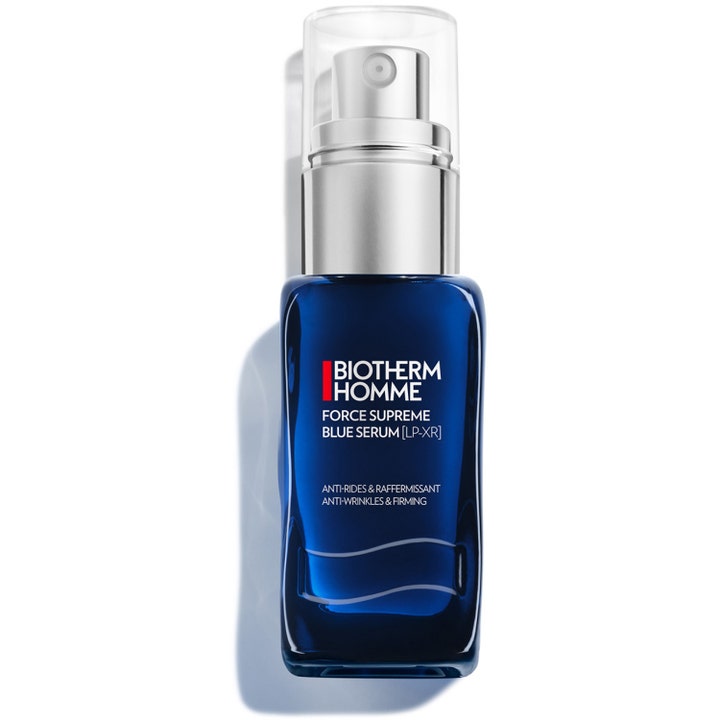 Biotherm Homme Force Supreme Blue Serum 50ml blått uppstramande serum i en stilren blå glasflaska med silverpump.