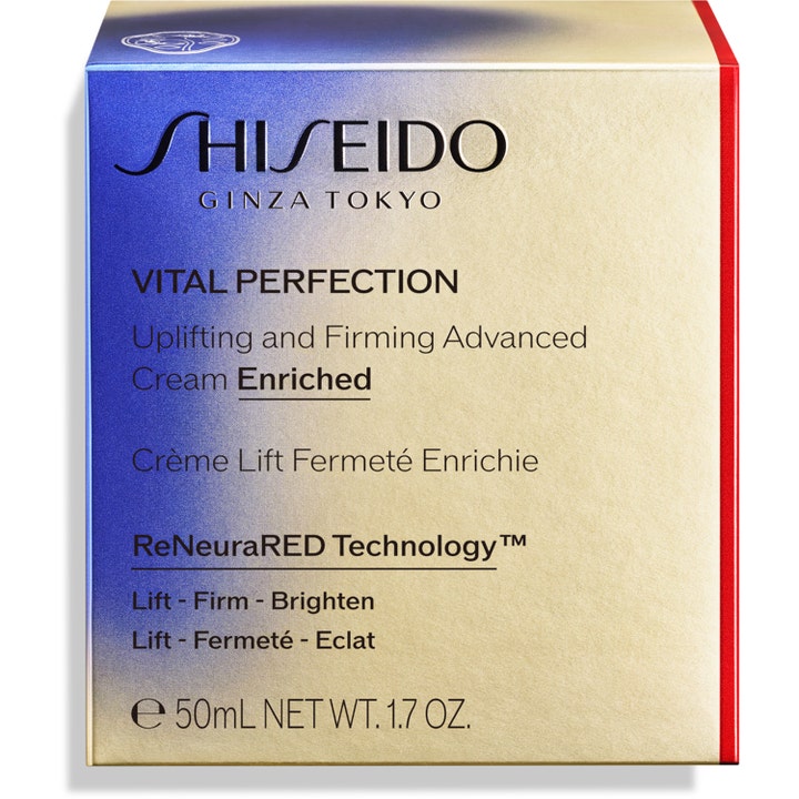 Shiseido Vital Perfection Advanced Cream Enriched 50 ml uppstramande dagkräm i blå och guldfärgad ytterförpackning