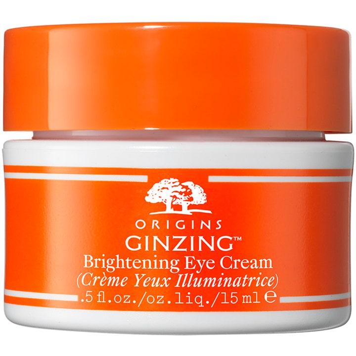 Origins GinZing Brightening Eye Cream 15 ml lystergivande ögonkräm mot svullnad i vit plastburk med orange etikett och lock
