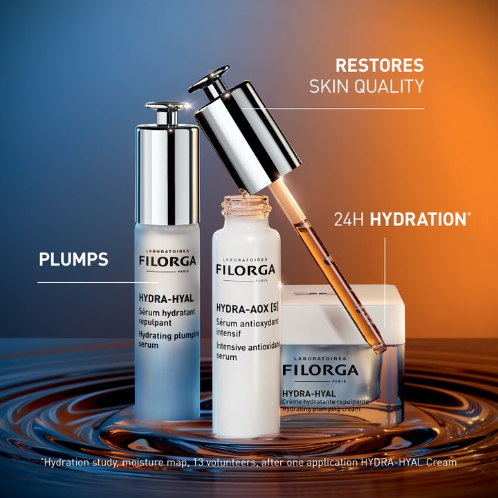 Filorga Hydra Duo Kit 60 ml återfuktande serum och kräm i vatten med ringar och en droppande pipett.