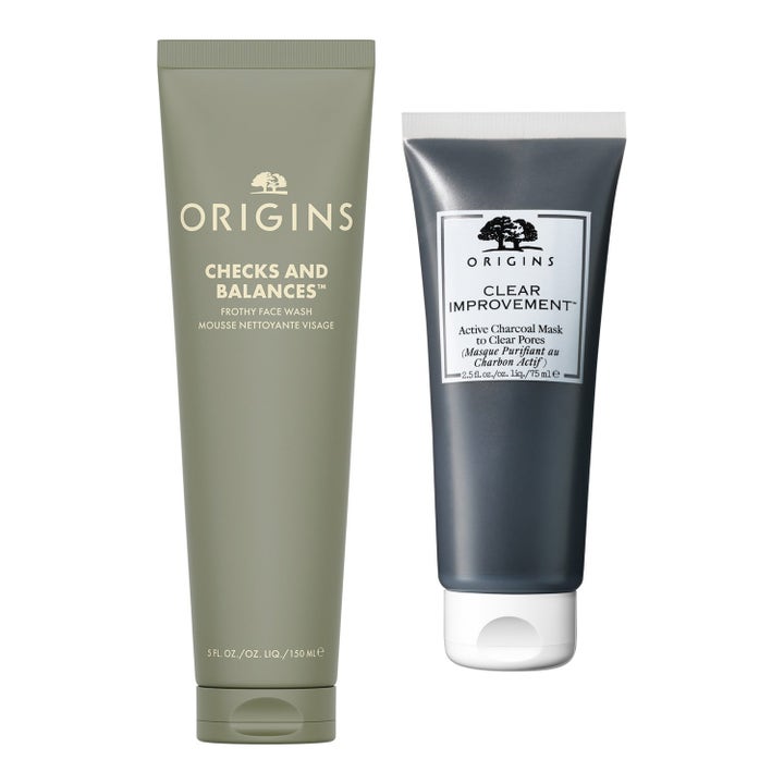 Origins Checks and Balances 150 ml och Clear Improvement 75 ml set för ren hy i olivgrön och mörkgrå tub.